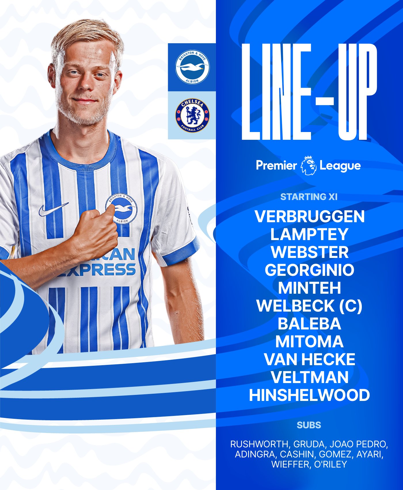 Albion v Chelsea starting XI graphic featuring JP in our home kit: 

Verbruggen, Lamptey, Webster, Georginio, Minteh, Welbeck (C), Baleba, Mitoma, van Hecke, Veltman, Hinshelwood. Subs: Rushworth, Gruda, Joao Pedro, Adingra, Cashin, Gomez, Ayari, Wieffer, O'Riley. 

Come on Albion!