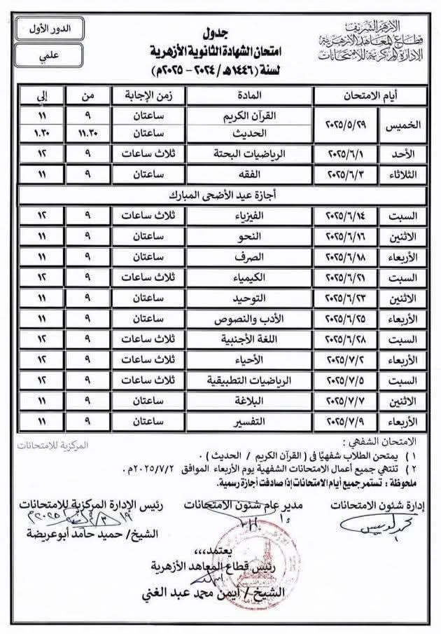 جدول امتحانات الثانوية الأزهرية 2025 علمي