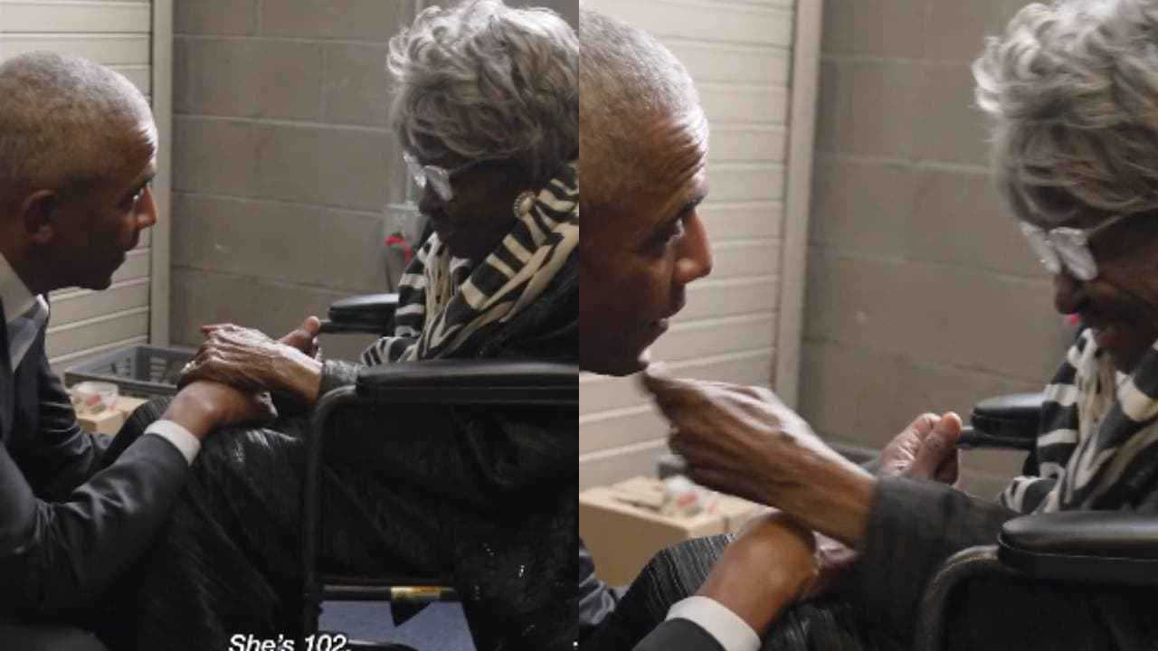 أوباما يمازح سيدة في الـ 102 ويكشف سر شبابها (فيديو)