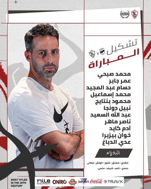 May be an image of ‎1 person, beard and ‎text that says '‎+ 온어 تشكيل يارا العباراة محمد صبحي عمر جابر حسام عبد المجيد محمد إسعاعيل محمود بنتايج نبيل دونجا عبد الله السعيد ناصر ماهر آدم كايد خوان بيزيرا عدي الدباغ البولاء مهدي مصدق فتوح الونش معالي TITLED MOST THE20TH NTHE CENTURY حمدي ناصر شريف منسي seven Regina ONIRO DEVELOPMENTS Mile DEVELOPMENTS STRAVX‎'‎‎