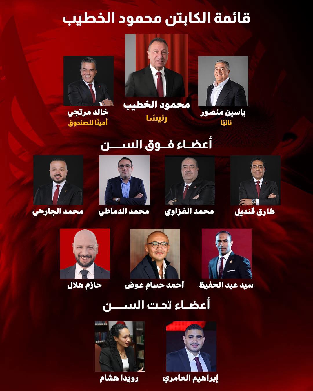 May be an image of ‎12 people and ‎text that says '‎قائمة الكابتن محمود الخطيب مرتجي خالد خالدمرتجي أمينَا للصندوق محمود الخطيب رئيشا ياسين منصور نائنا أعضاء فوق السن محمد الجارحي محمد الدماطي محمد الغزاوي طارق قنديل حازم هلال سید عبد الحفيظ أحمد حسام عوض أعضاء تحت السن sabda رويدا رویداهشام هشام إبراهيم العامري‎'‎‎