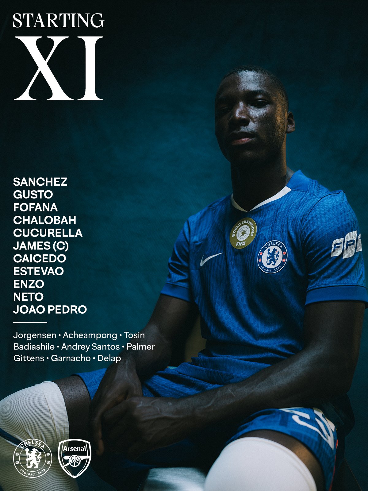 قد تكون صورة ‏‏‏كرة قدم‏، و‏كرة قدم‏‏ و‏تحتوي على النص '‏‎STARTING XI SANCHEZ GUSTO FOFANA CHALOBAH CUCURELLA JAMES (C) CAICEDO ESTEVAO ENZO NETO JOAO PEDRO FIFA HELSEA 緣 Jorgensen Acheampong ·Tosin Badiashile· Andrey Santos• Palmer Gittens •Garnacho Delap Arsenal CIELSE 終 ® DOTRALA GAUR PPs‎‏'‏‏