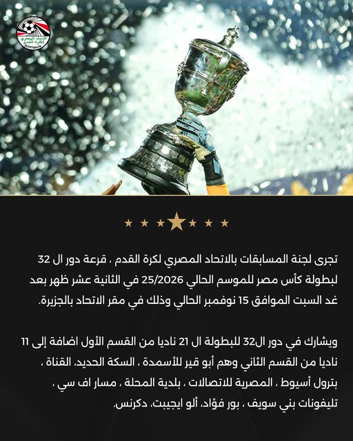 May be an image of text that says 'الا OYTAHA تجرى لجنة المسابقات بالاتحاد المصري لكرة القدم قرعة دور ال 32 لبطولة كأس مصر للموسم الحالي 25/2026 في الثانية عشر ظهر بعد غد السبت الموافق 15 نوفمبر الحالي وذلك في مقر الاتحاد بالجزيرة ويشارك في دور 1ل23 للبطولة ال 21 ناديا من القسم الأول اضافة إلى 11 ناديا من القسم الثاني وهم أبو قير للأسمدة السكة الحديد .القناة. بترول أسيوط المصرية للاتصالات بلدية المحلة مسار اف سي تليفونات بني سويف بور فؤاد، ألو ايجيبت، .دکرنس'