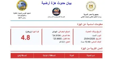 البحوث الفلكية تعلن تسجيل هزة أرضية بقوة 4.8 درجة جنوب اليونان دون خسائر لمصر