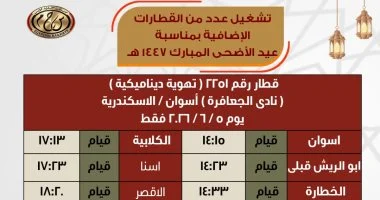 «سكك حديد مصر» تعلن تشغيل قطارات إضافية لعيد الأضحى خلال الفترة من 21 مايو حتى 7 يونيو 2026